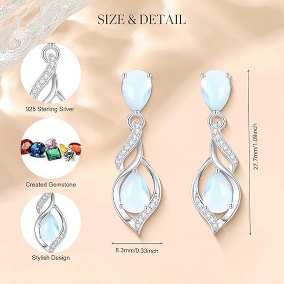 Earrings Twirling Teardrop Birthstone Earrings Sterling Silver 06-Moonstone